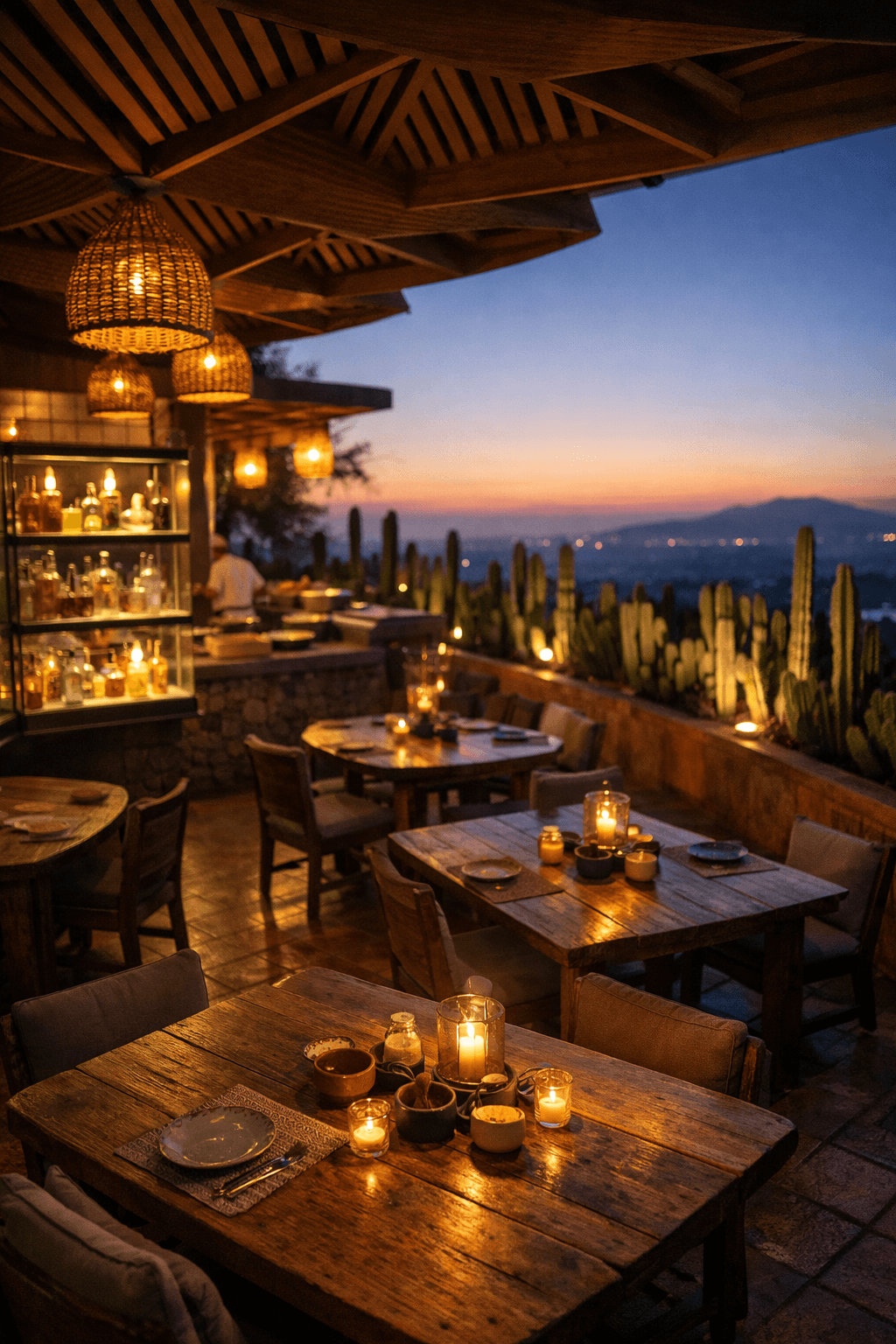Restaurant terrace with candles and cacti at sunset