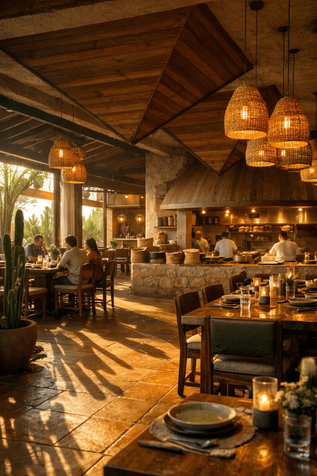 Restaurant dining room at golden hour