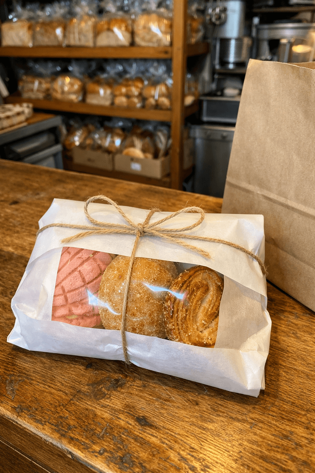 Pastry bag tied with string on wooden counter